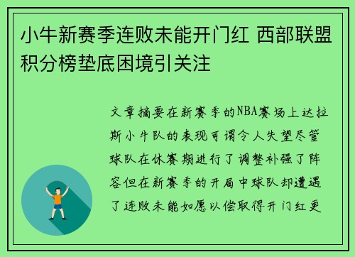 小牛新赛季连败未能开门红 西部联盟积分榜垫底困境引关注