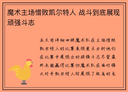 魔术主场惜败凯尔特人 战斗到底展现顽强斗志