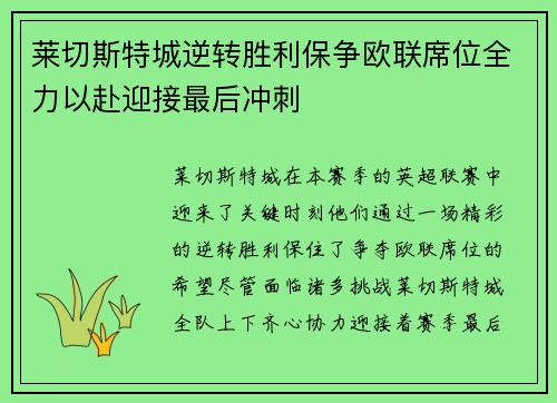 莱切斯特城逆转胜利保争欧联席位全力以赴迎接最后冲刺 莱切斯特城逆转胜利保争欧联席位全力以赴迎接最后冲刺